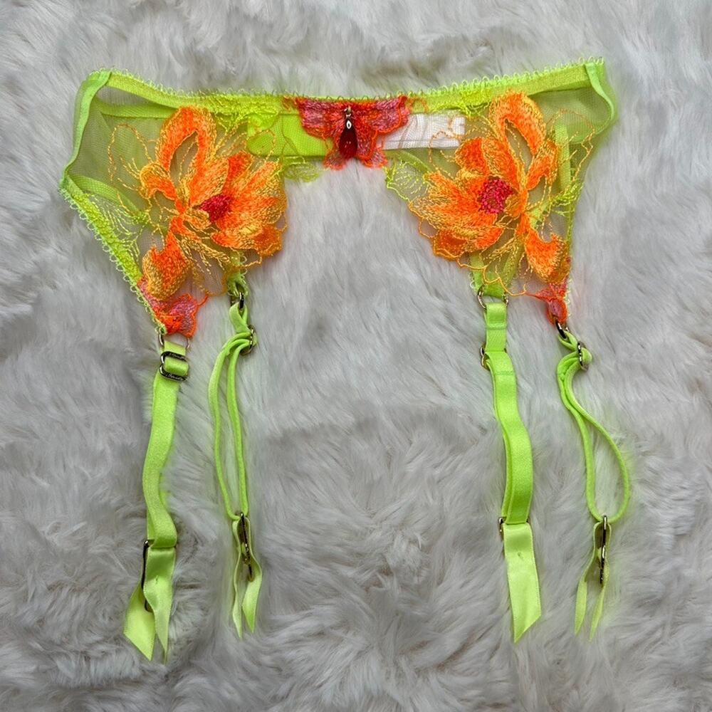 Honey Birdette CHRISTINE🌼 Neon Yellow Lace Floral Garter Small